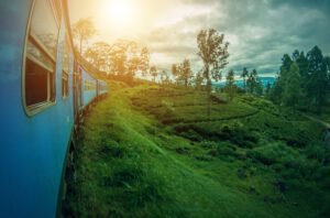 Sunset over a train in Sri Lanka