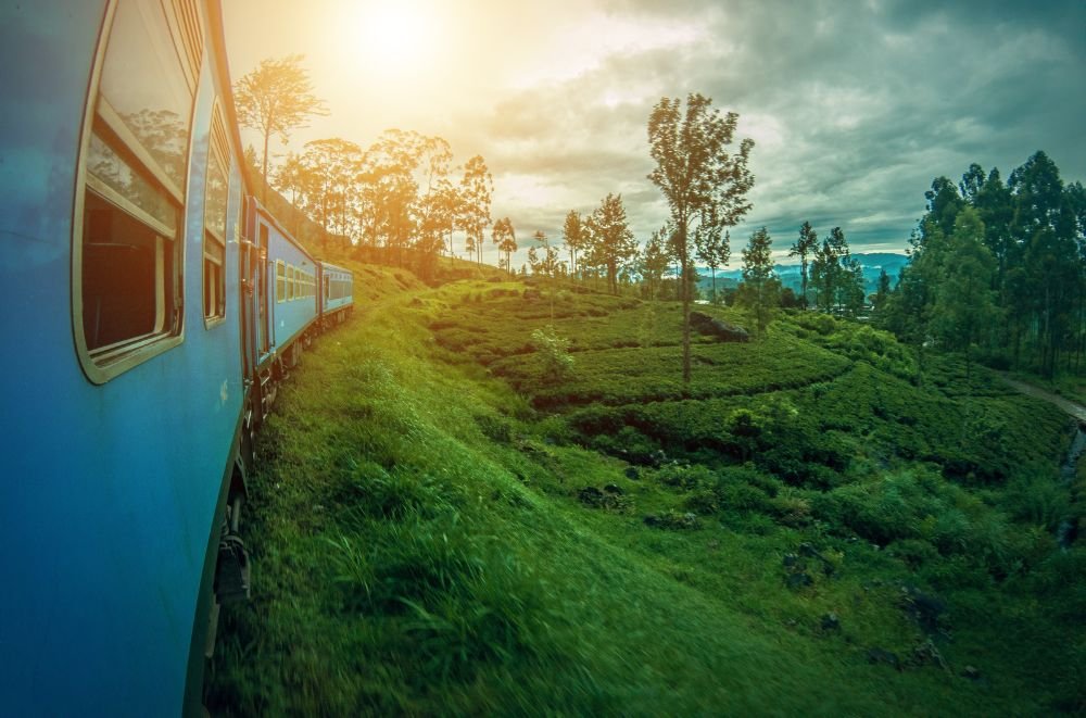 Sunset over a train in Sri Lanka